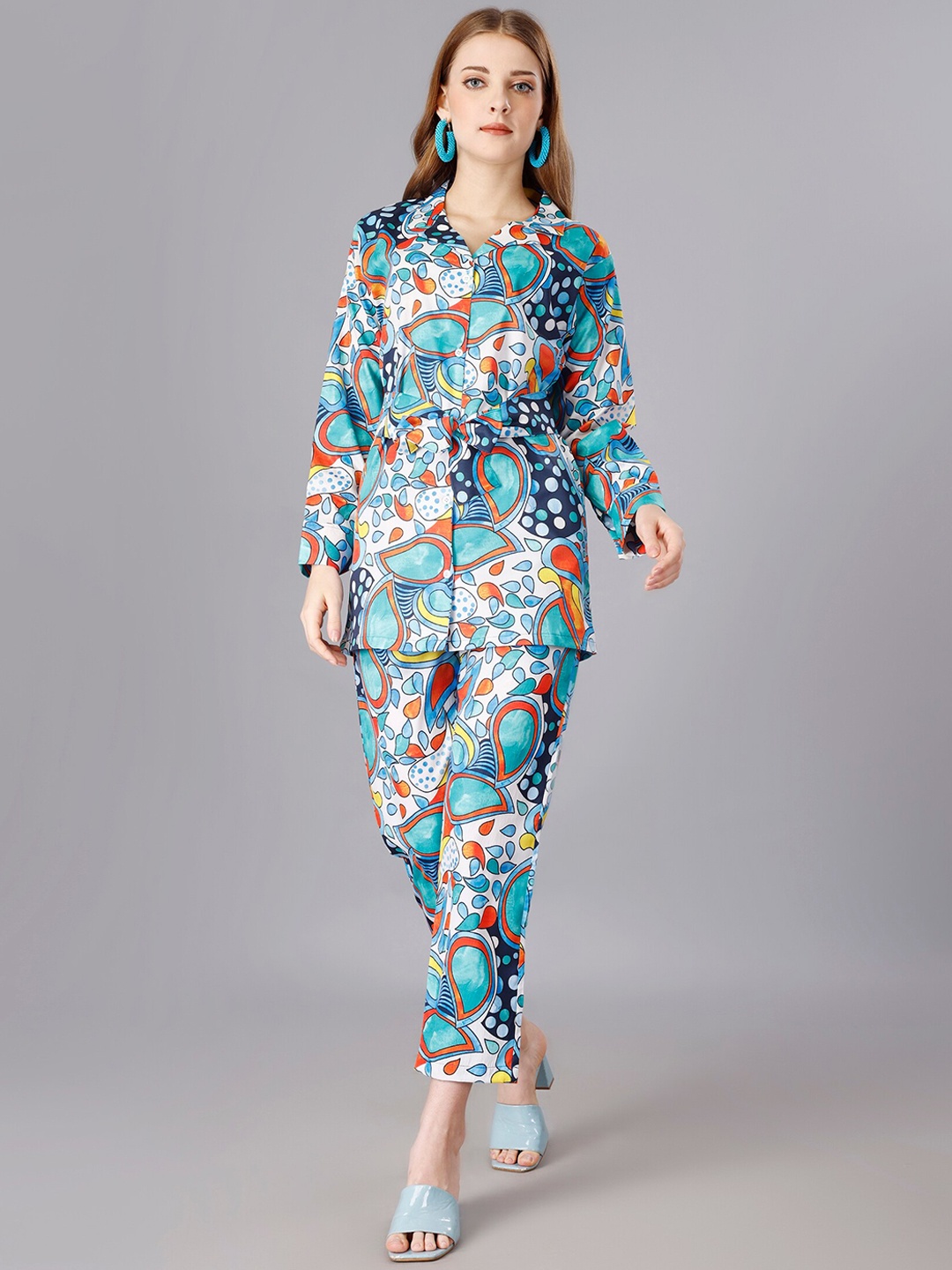 

UDBHAV TEXTILE Printed Shirt Collar Waist Belt Tunic With Trousers Co-Ords, Blue