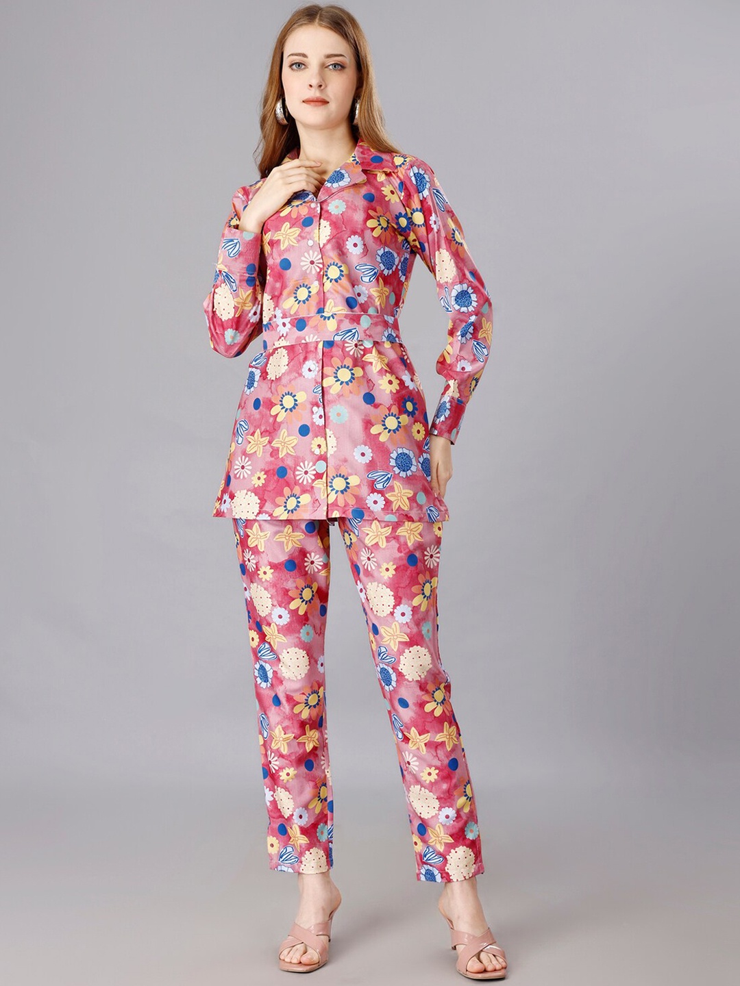 

UDBHAV TEXTILE Printed Notched Lapel Collar Long Sleeve Co-Ords With Belt, Pink