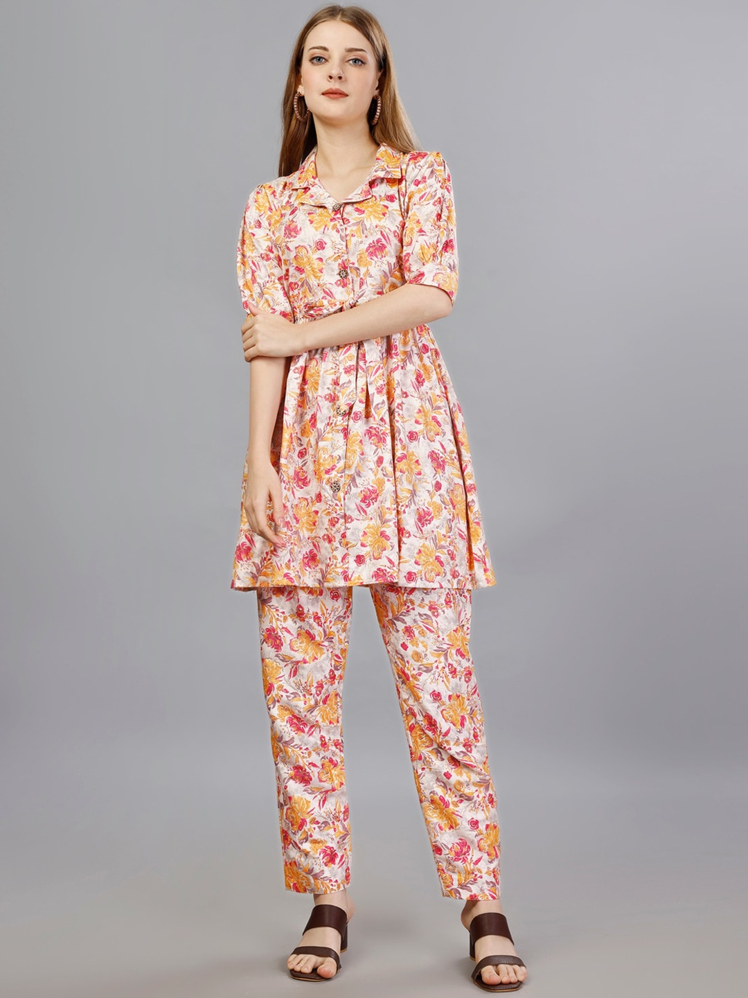 

UDBHAV TEXTILE Printed Notched Lapel Collar Long Sleeve Co-Ords With Belt, Orange