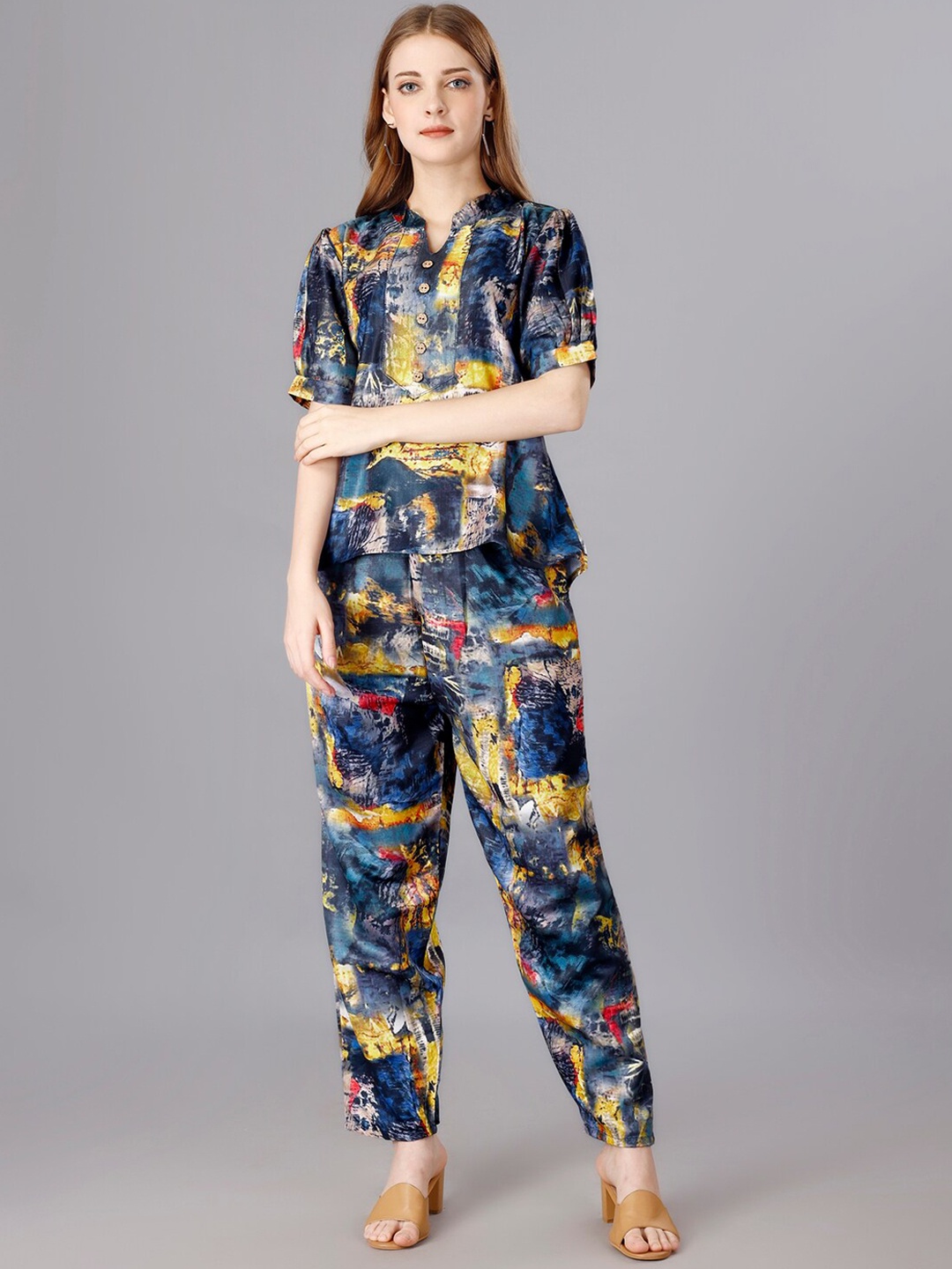 

UDBHAV TEXTILE Printed Mandarin Collar Short Sleeves Co-Ords, Navy blue