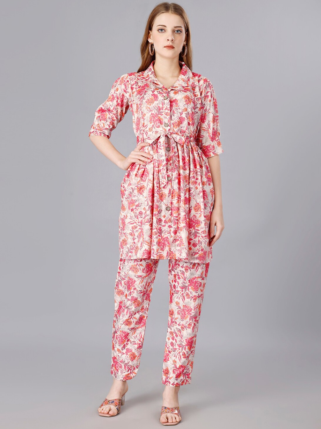 

UDBHAV TEXTILE Floral Printed Tunic With Straight Trousers, Pink