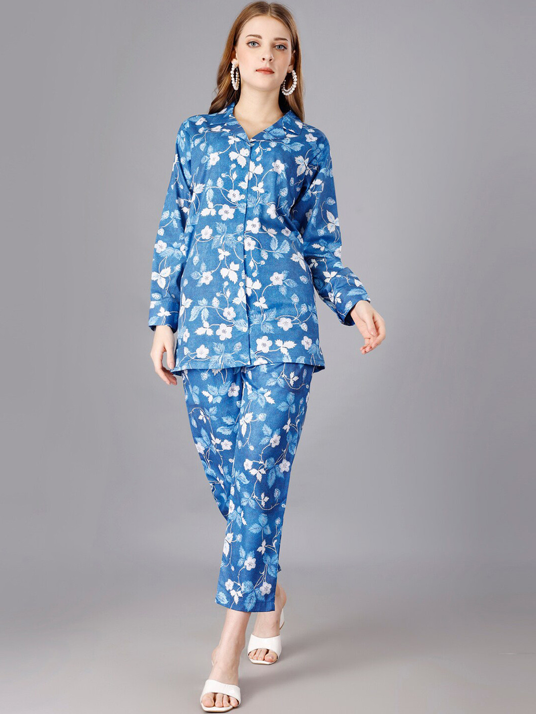 

UDBHAV TEXTILE Printed Notched Lapel Collar Long Sleeve Co-Ords, Blue