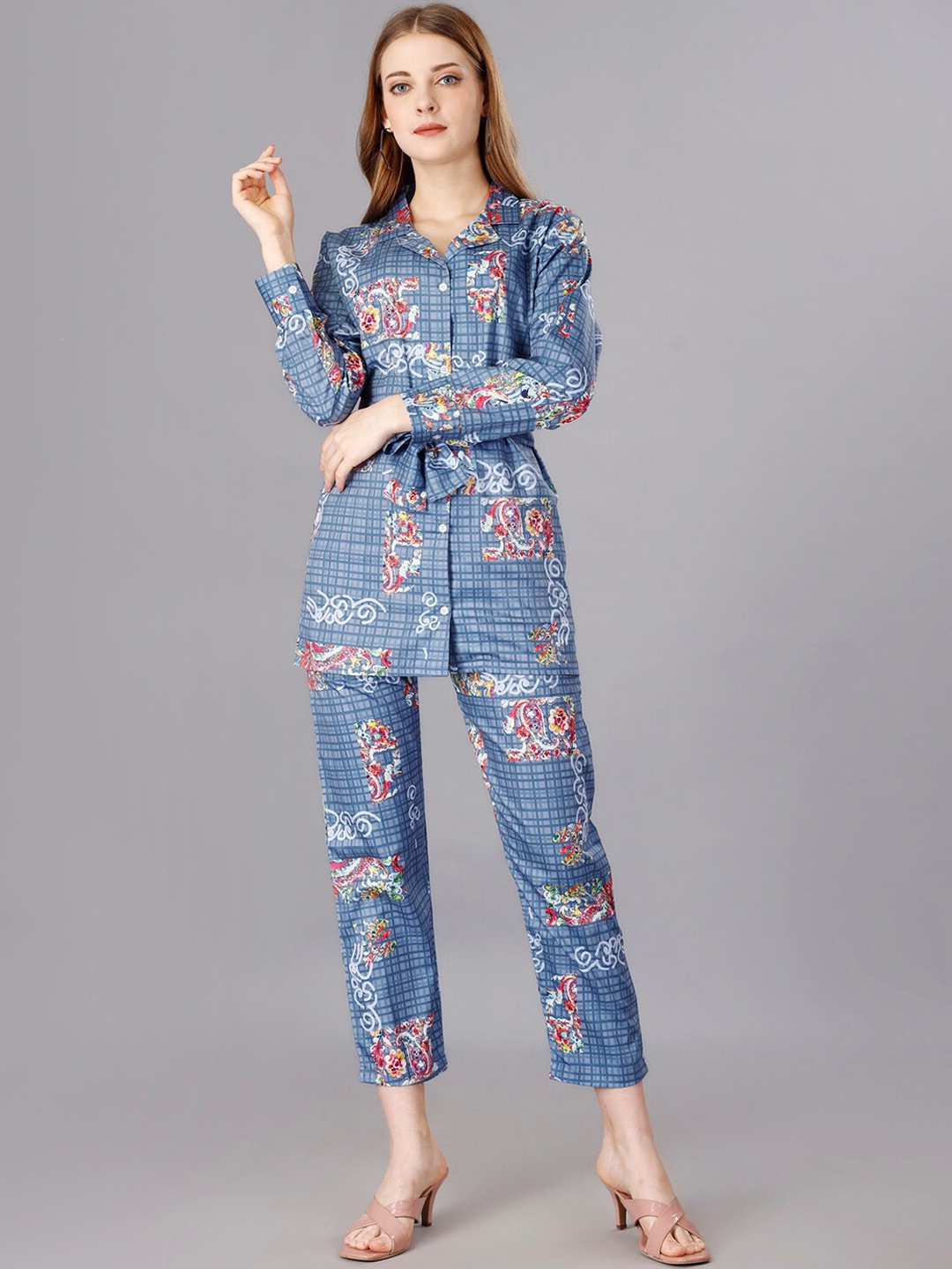 

UDBHAV TEXTILE Checked Tunic With Belt & Trousers Co-Ords, Blue