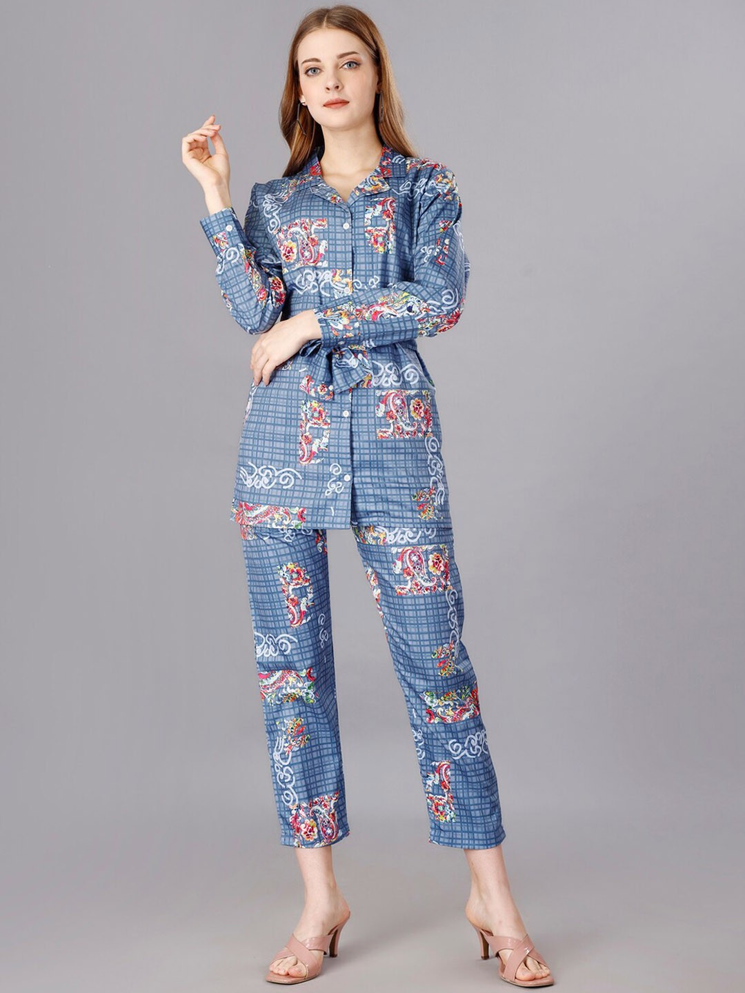 

UDBHAV TEXTILE Printed Notched Lapel Collar Long Sleeve Co-Ords With Belt, Blue