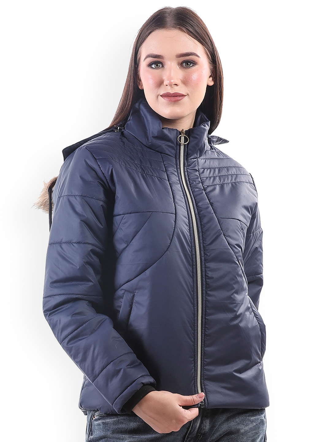 

BETTER THINK Hooded Faux Fur Trim Lightweight Puffer Jacket, Navy blue