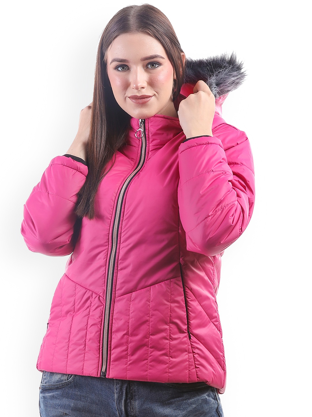 

BETTER THINK Hooded Faux Fur Trim Lightweight Puffer Jacket, Pink