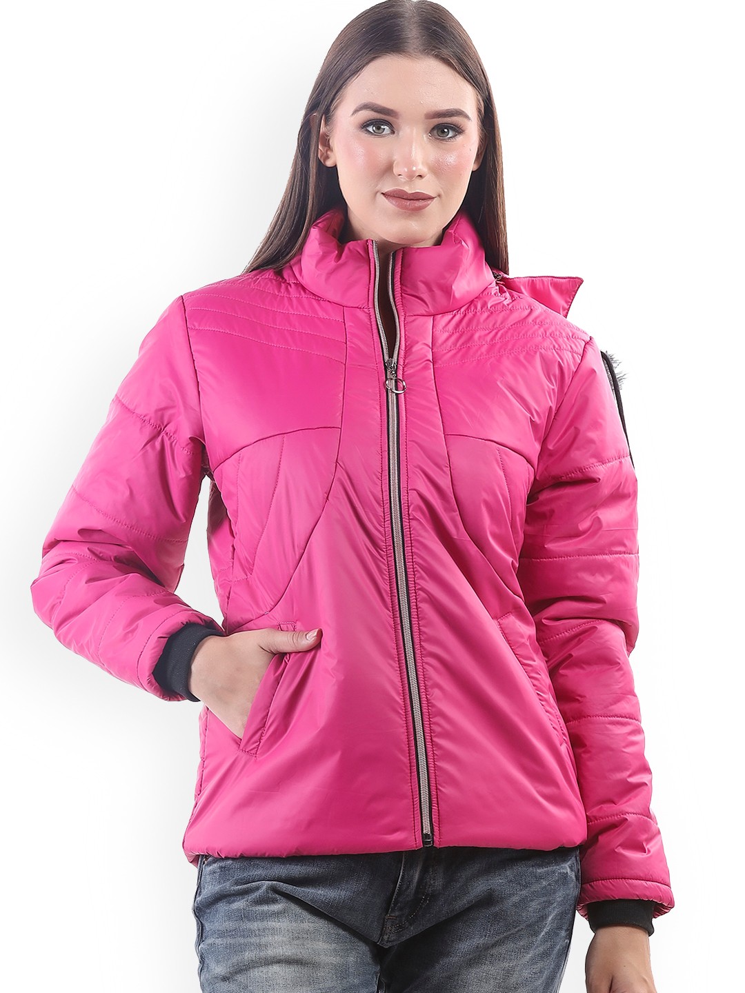 

BETTER THINK Hooded Faux Fur Trim Lightweight Puffer Jacket, Pink