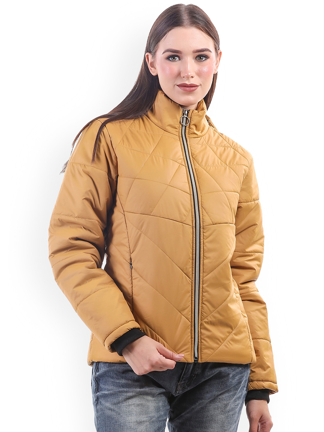 

BETTER THINK Hooded Faux Fur Trim Lightweight Padded Jacket, Mustard