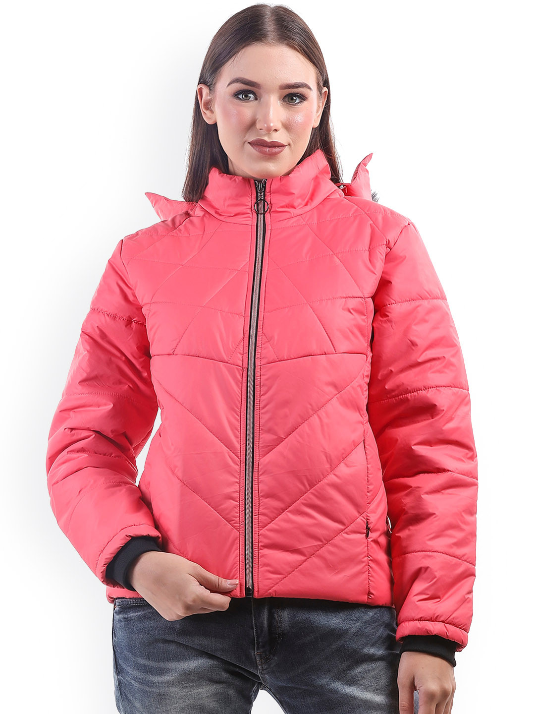 

BETTER THINK Hooded Faux Fur Trim Lightweight Padded Jacket, Peach
