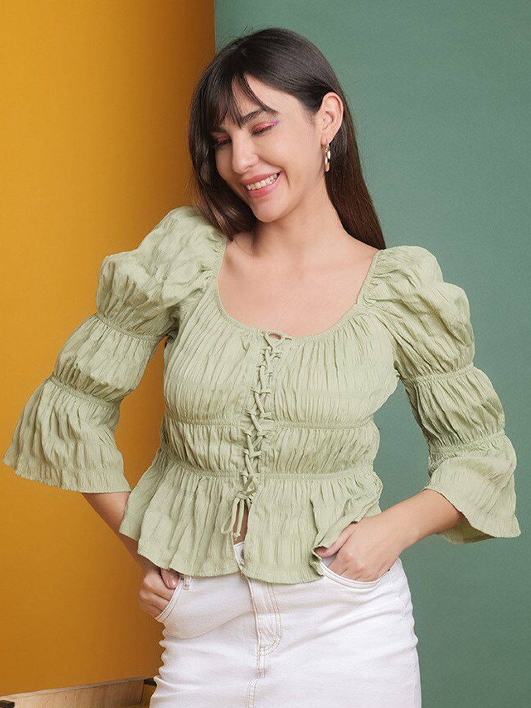 

Freehand by The Indian Garage Co Scoop Neck Puff Sleeve Crop Top, Green