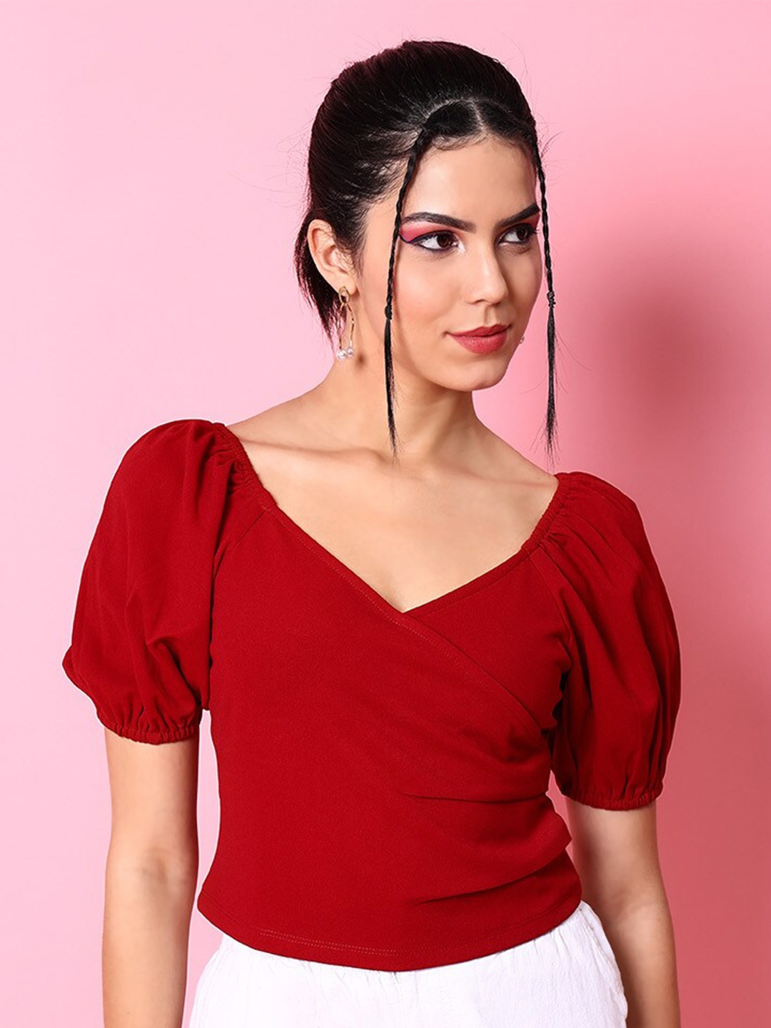

Freehand by The Indian Garage Co V-Neck Puff Sleeves Top, Red