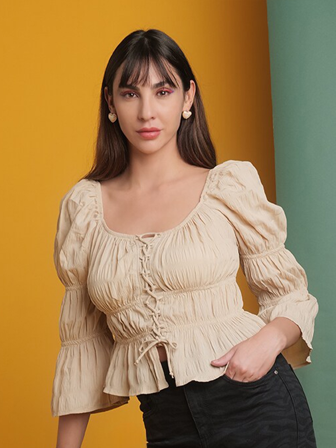

Freehand by The Indian Garage Co Beige Scoop Neck Puff Sleeve Top