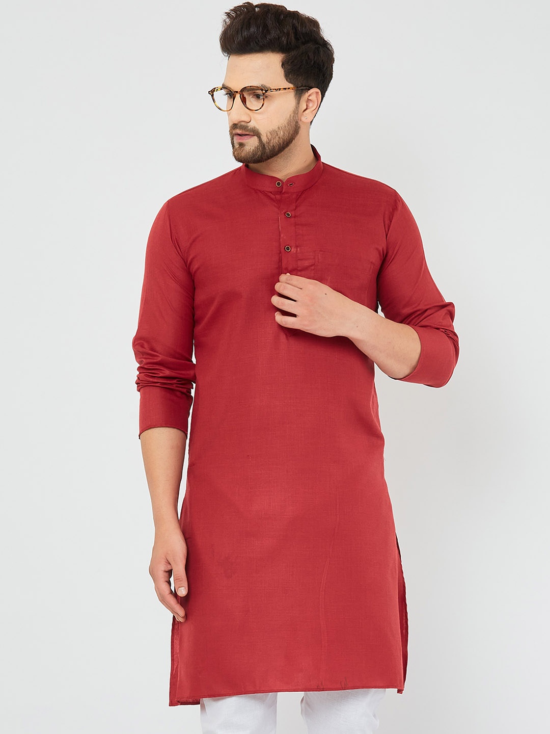 

Armaan Ethnic Band Collar Long Sleeve Straight Pocket Cotton Kurta, Maroon