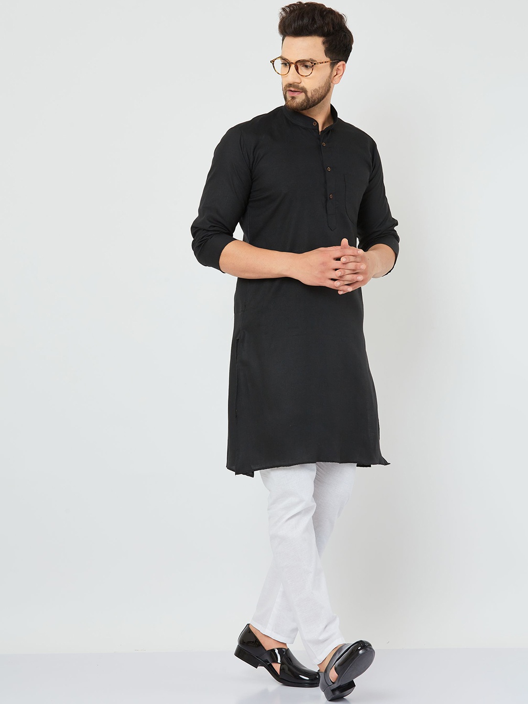 

Armaan Ethnic Band Collar Long Sleeve Straight Pocket Cotton Kurta, Black