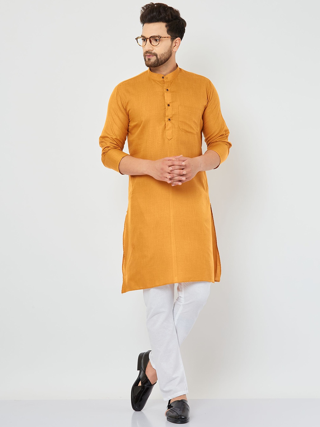 

Armaan Ethnic Band Collar Long Sleeve Straight Pocket Cotton Kurta, Mustard