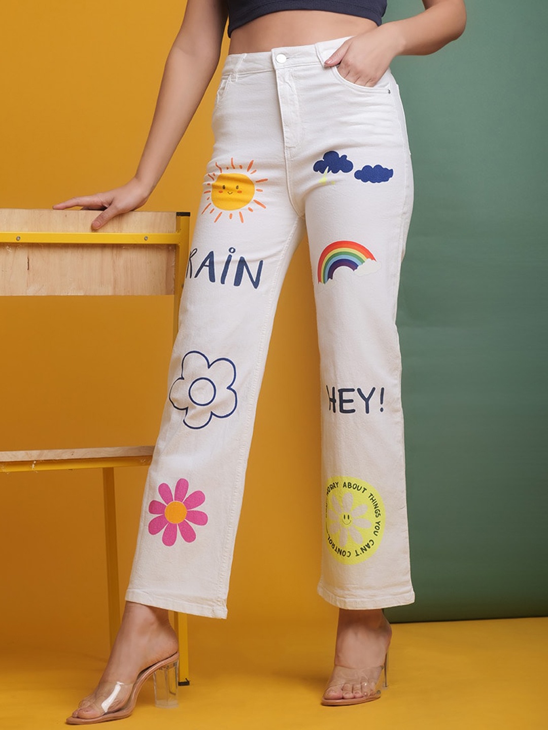 

Freehand by The Indian Garage Co Women White Wide Leg Clean Look Printed Stretchable Jeans