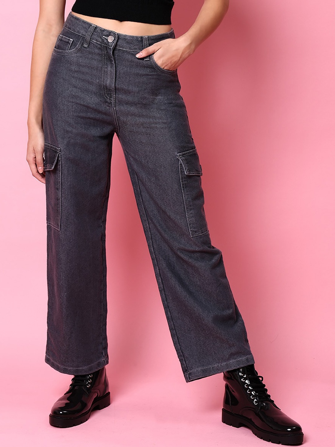 

Freehand by The Indian Garage Co Women Grey Flared Clean Look Cargo Jeans