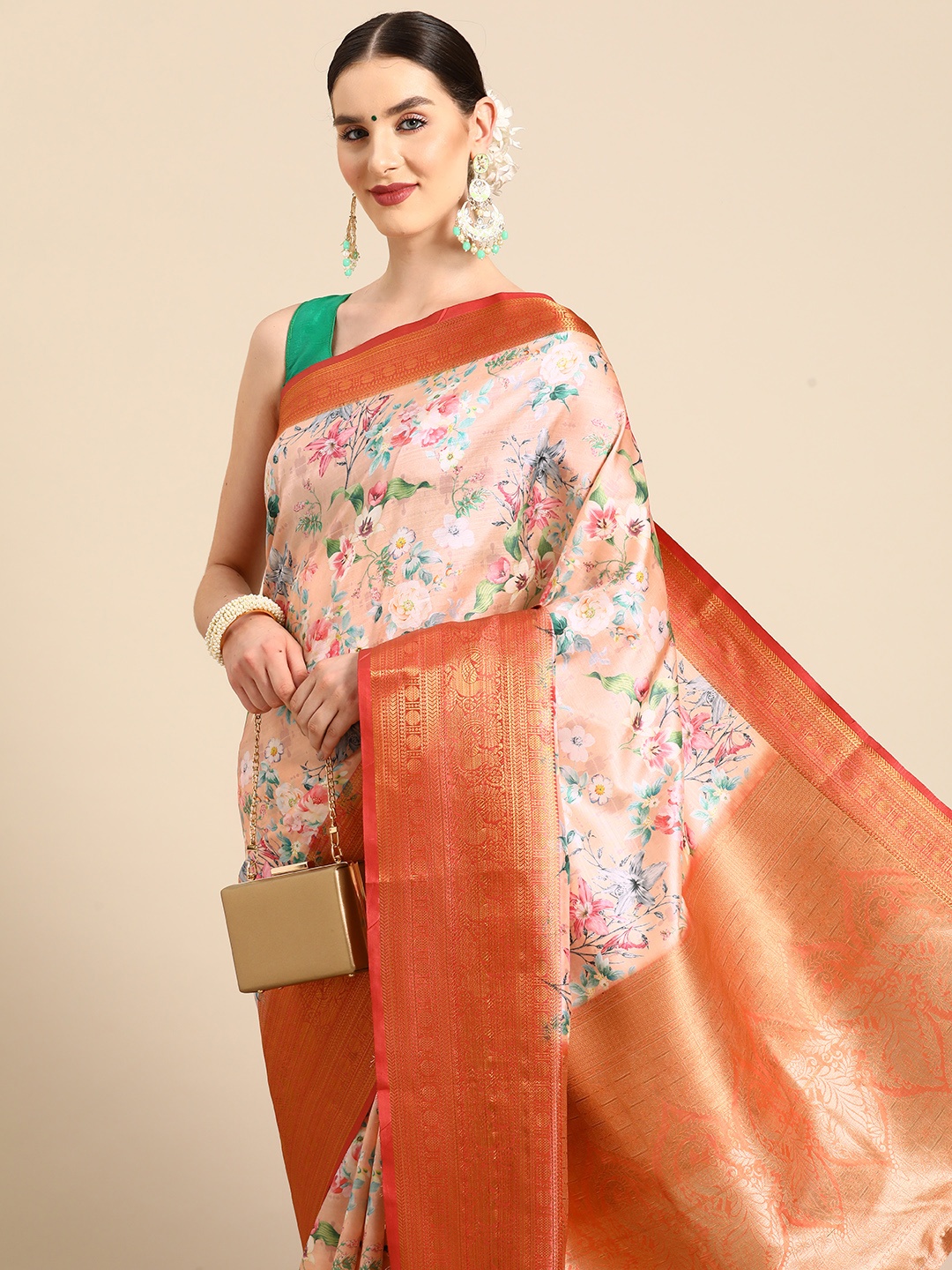 

Silk Land Floral Banarasi Art Silk Digital Print Saree, Peach
