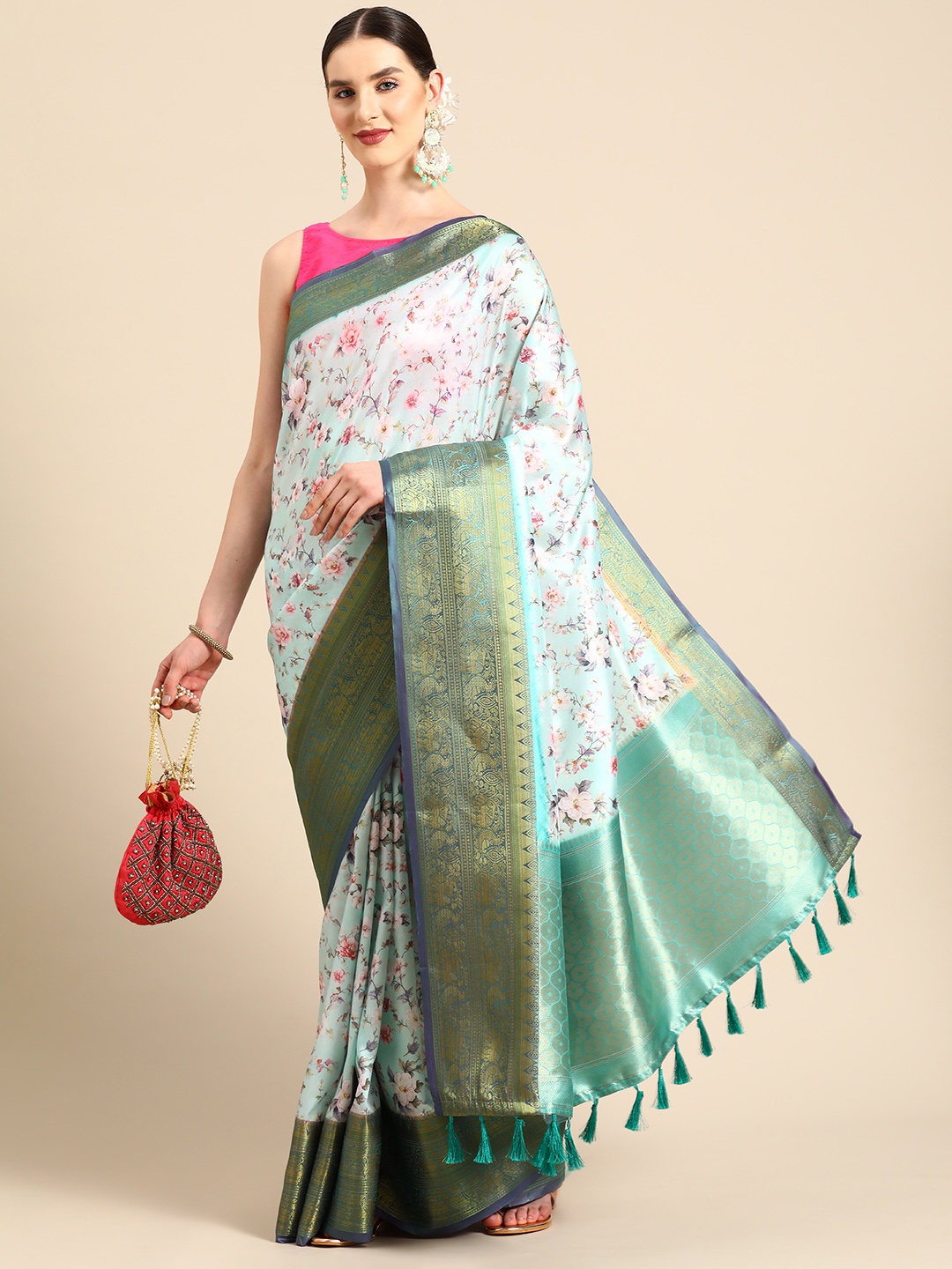 

Silk Land Floral Banarasi Art Silk Digital Print Saree, Sea green