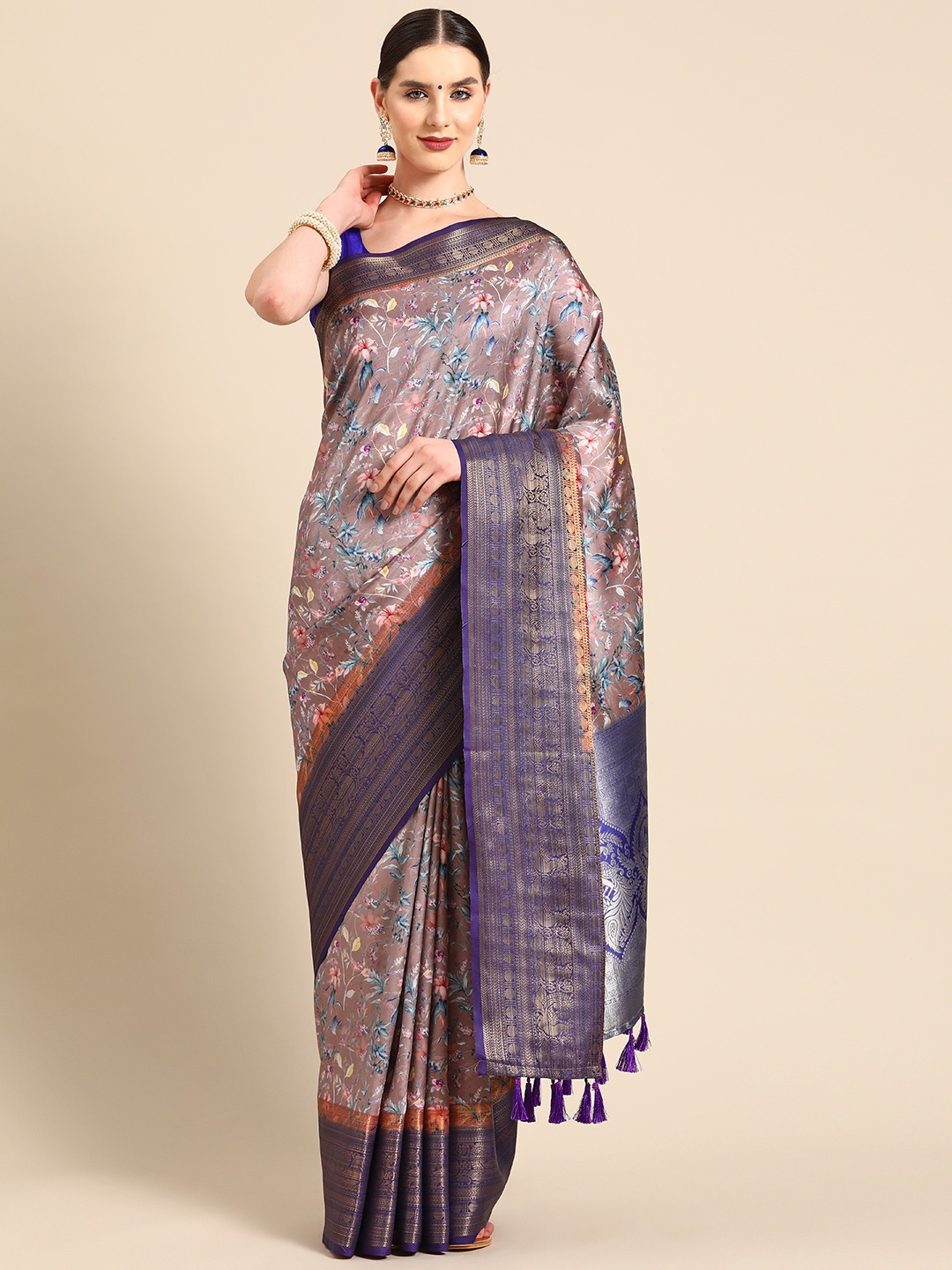 

Silk Land Floral Printed Zari Banarasi Saree, Brown