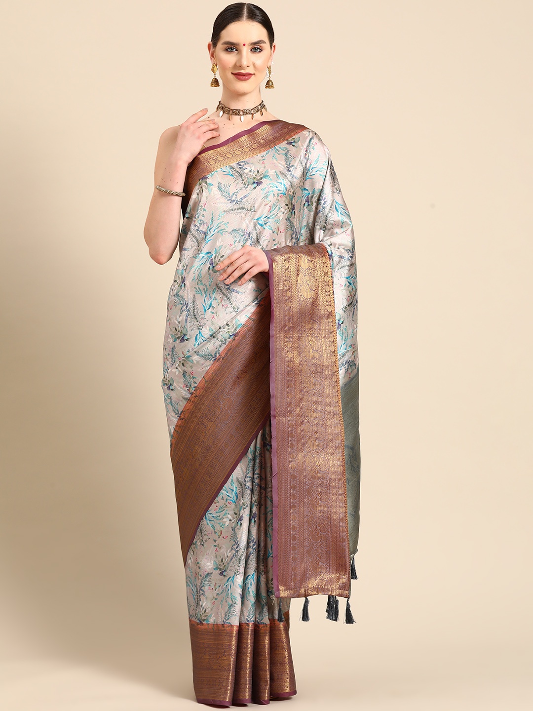 

Silk Land Floral Printed Zari Banarasi Saree, Multi