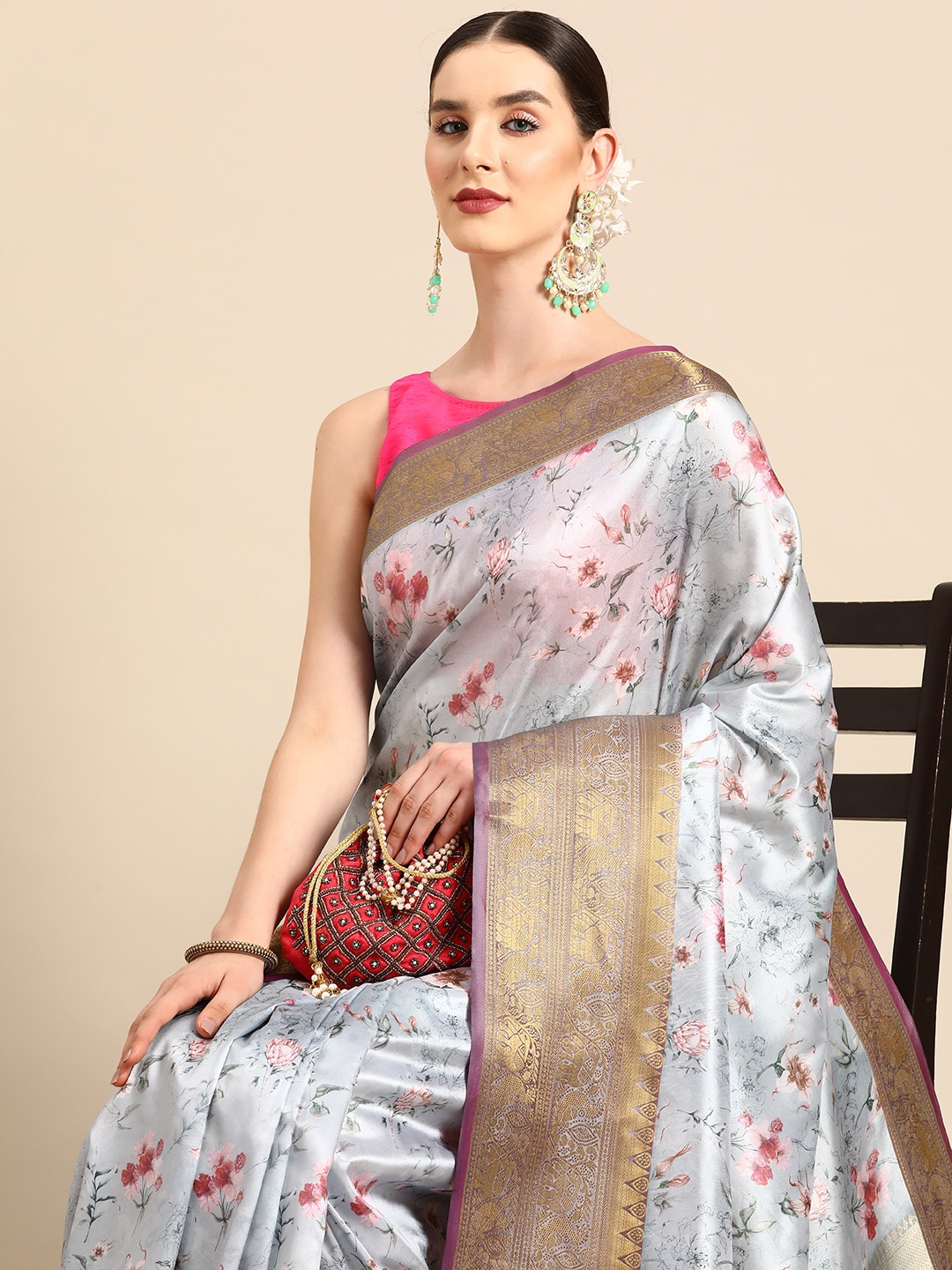 

Silk Land Floral Printed Zari Banarasi Saree, Grey