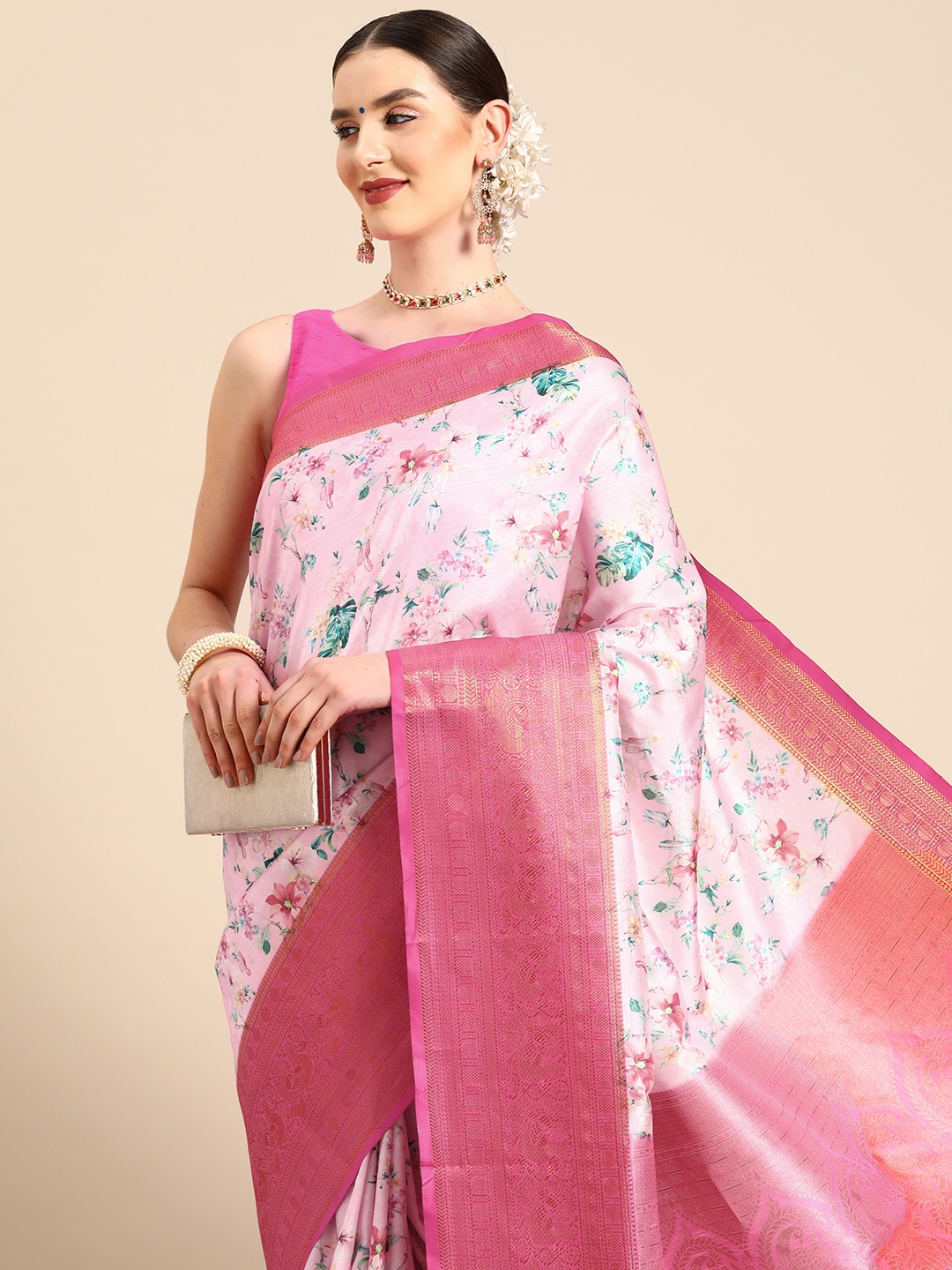 

Silk Land Floral Zari Digital Print Art Silk Banarasi Saree, Pink