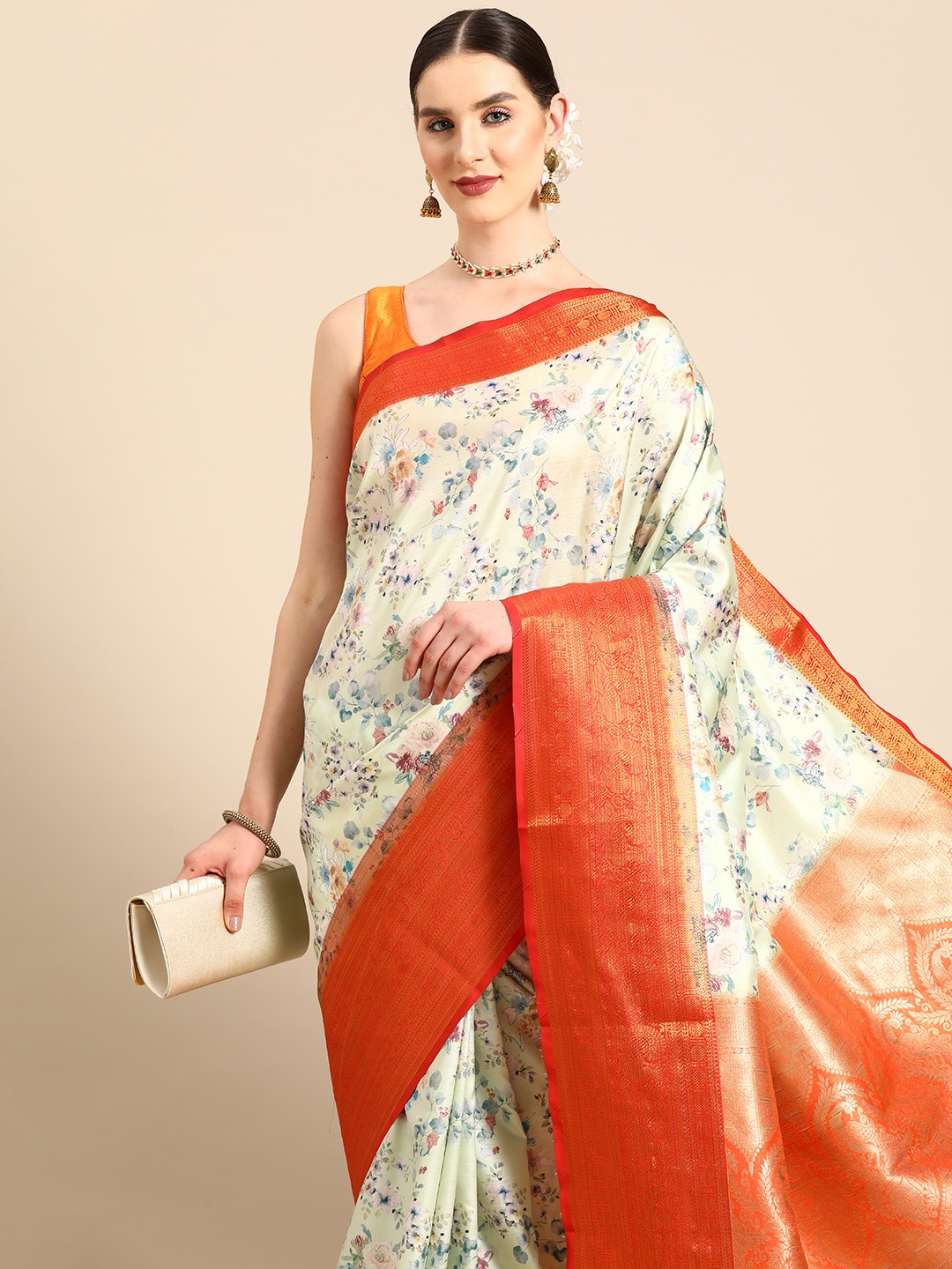 

Silk Land Floral Banarasi Art Silk Digital Print Saree, Lime green