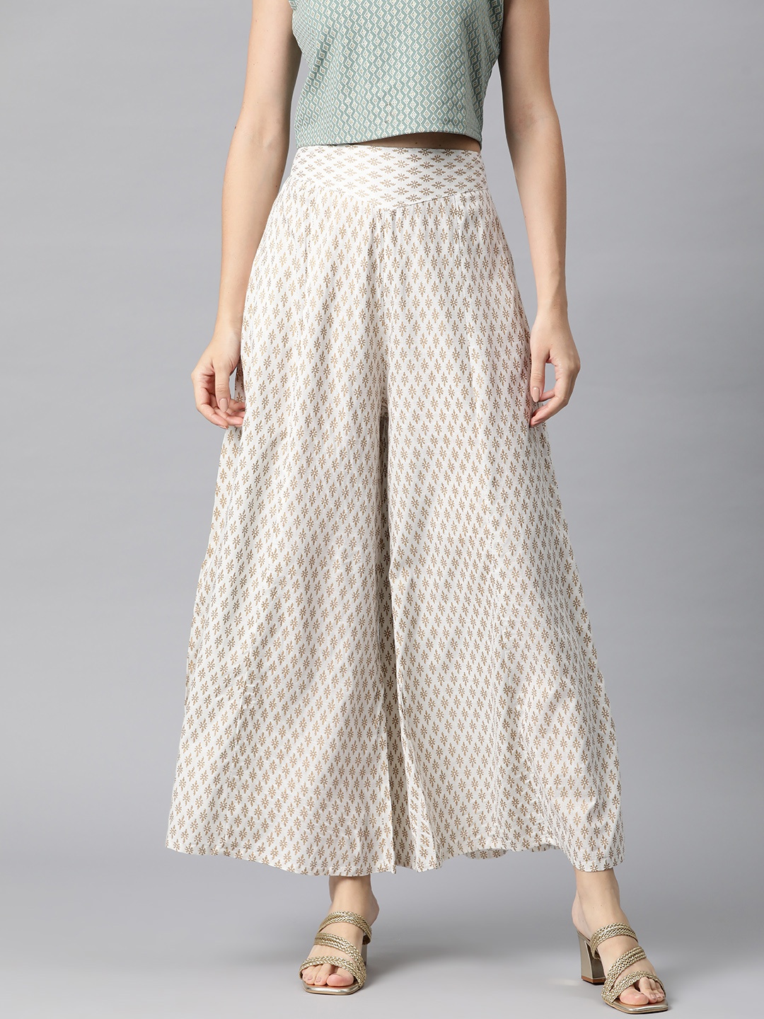 

Readiprint Women Floral Printed Flared Ethnic Palazzos, White