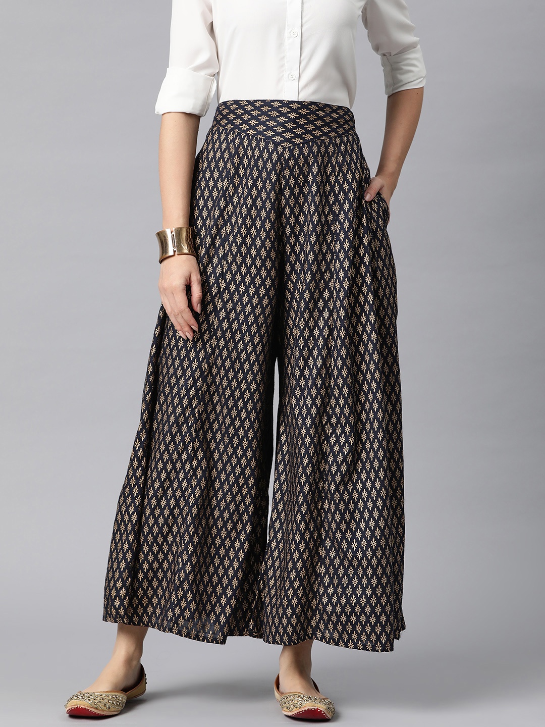 

Readiprint Women Ethnic Motifs Printed Flared Ethnic Palazzos, Navy blue