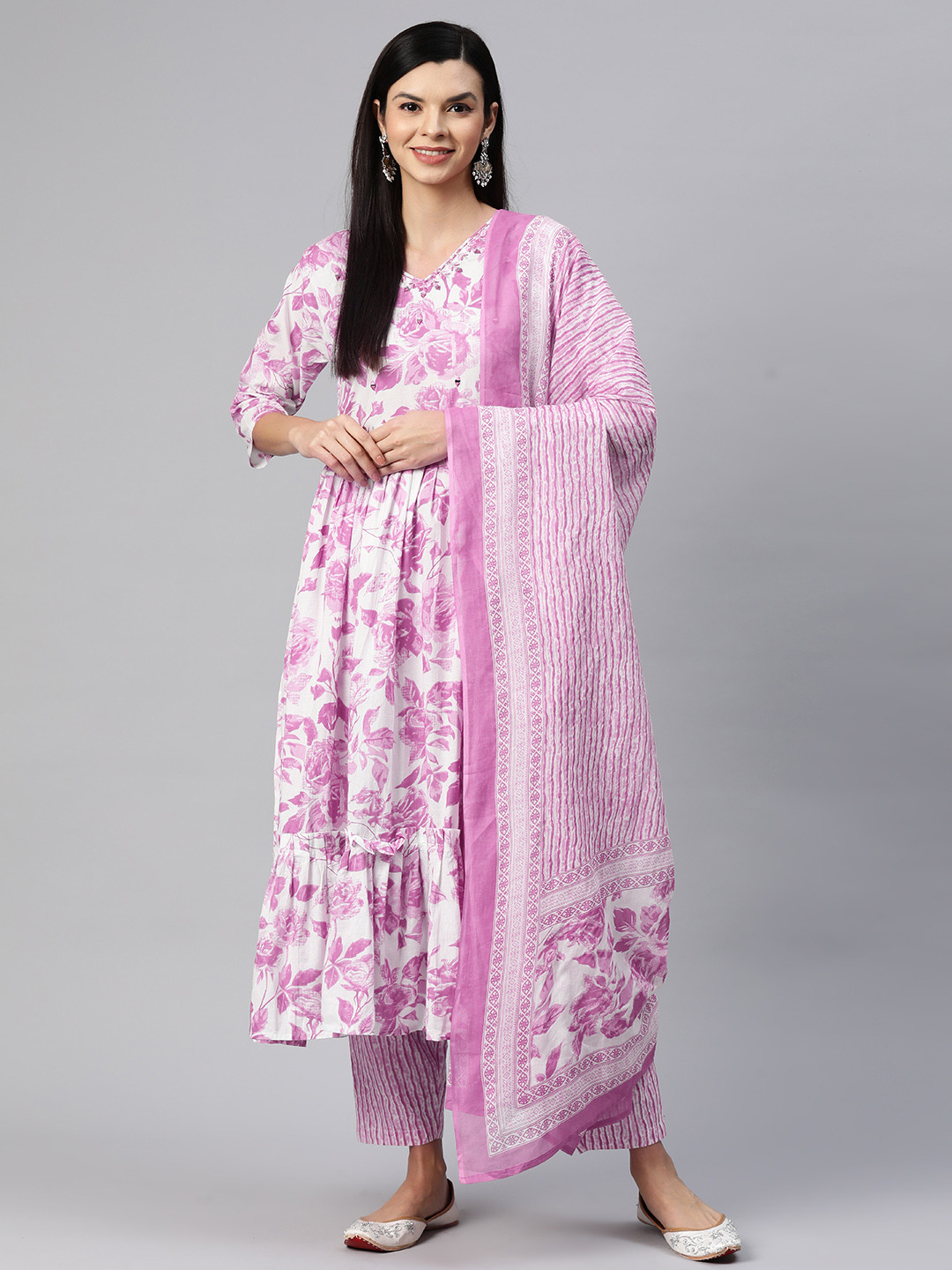 

Readiprint Floral Printed Pleated Mirror Work Pure Cotton Kurta Set, Pink