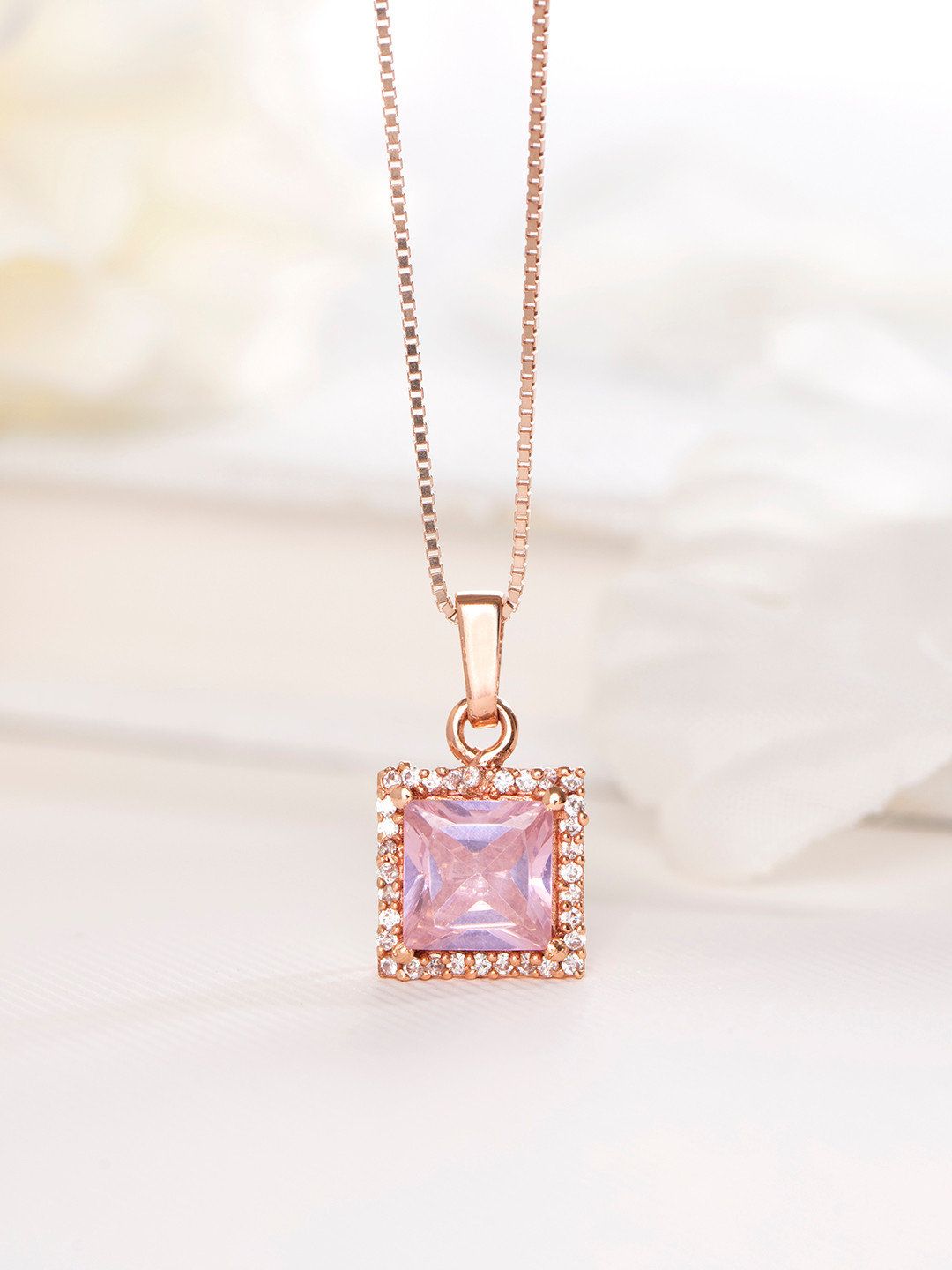 

Zavya Women Square Rose Gold-Plated CZ 925 Pure Sterling Silver Pendant with Chain