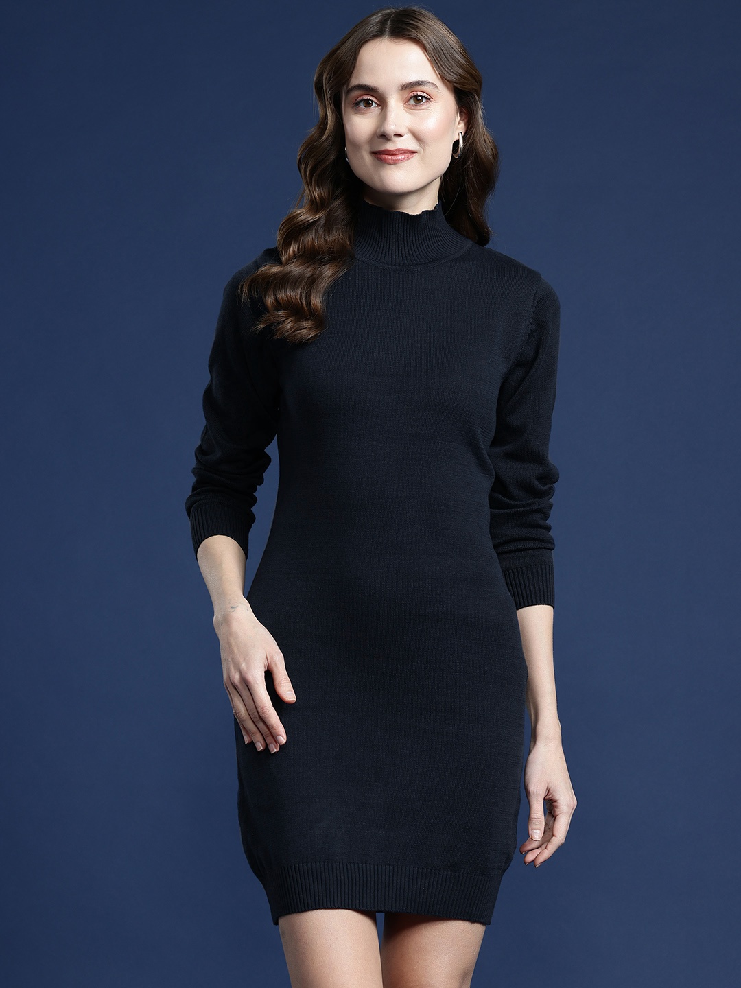 

Mast & Harbour High Neck Acrylic Bodycon Mini Dress, Navy blue