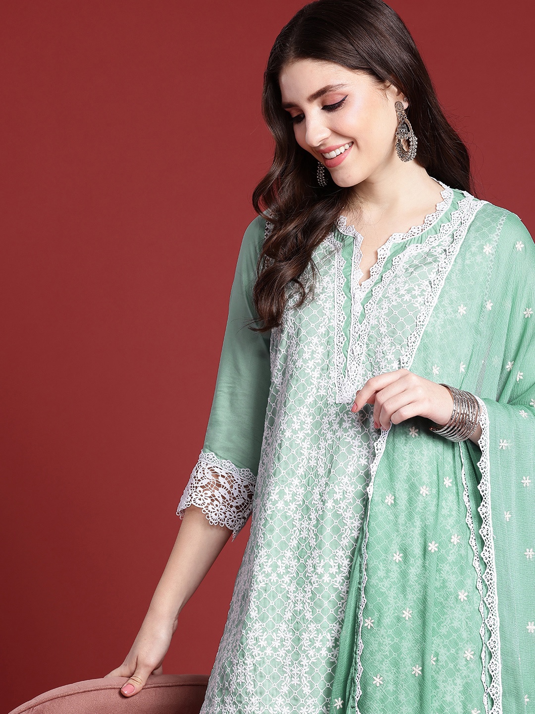 

Anouk Women Embroidered Regular Chikankari Kurta with Trousers & Dupatta, Sea green