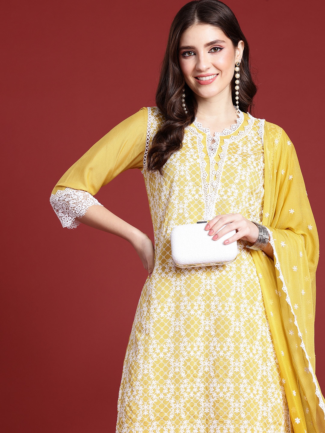 

Anouk Women Floral Embroidered Regular Chikankari Kurta with Trousers & Dupatta, Mustard