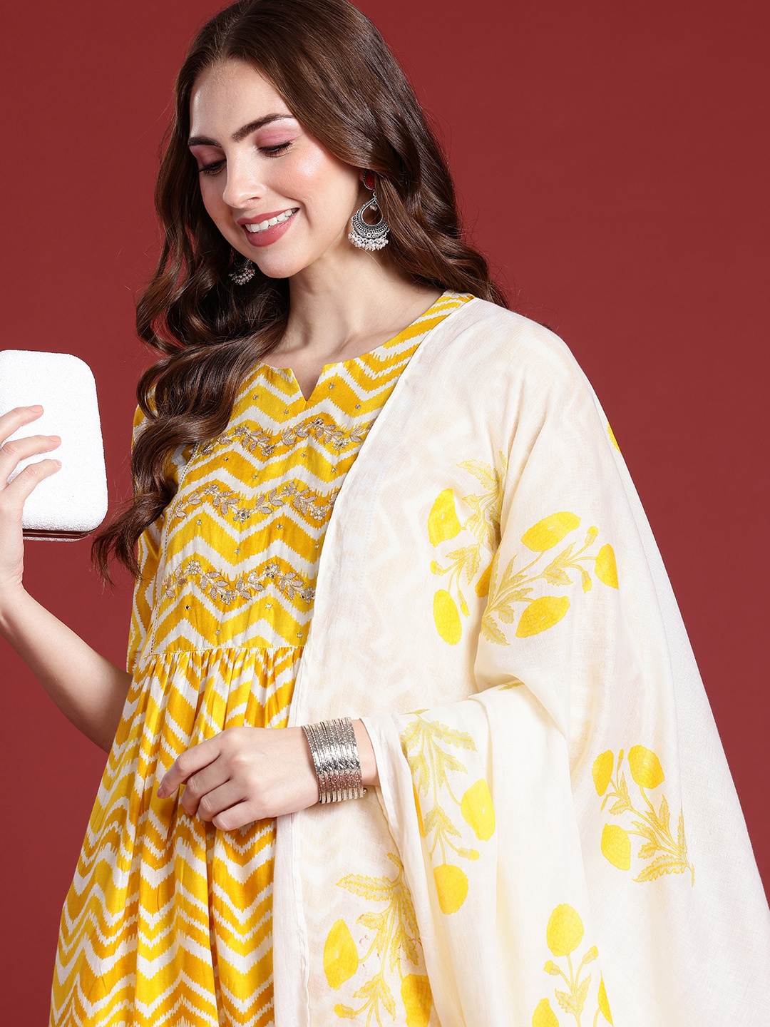 

Anouk Women Chevron Printed Pleated Pure Cotton Kurta with Trousers & With Dupatta, Mustard
