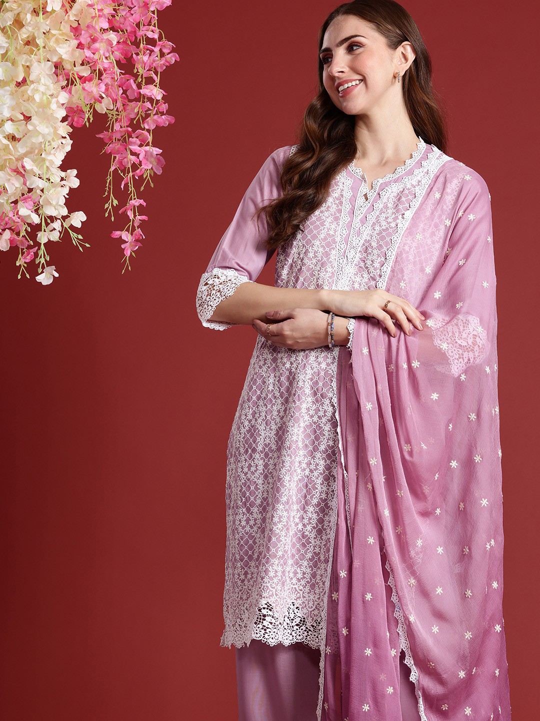 

Anouk Women Floral Embroidered Regular Chikankari Kurta with Trousers & With Dupatta, Lavender