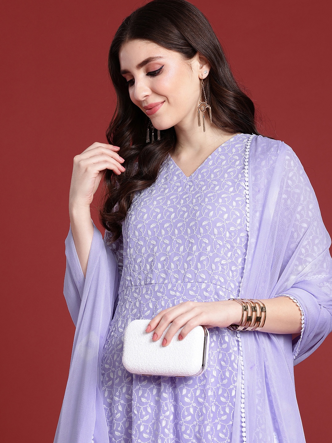 

Anouk Women Floral Embroidered Pleated Chikankari Kurta with Trousers & With Dupatta, Lavender
