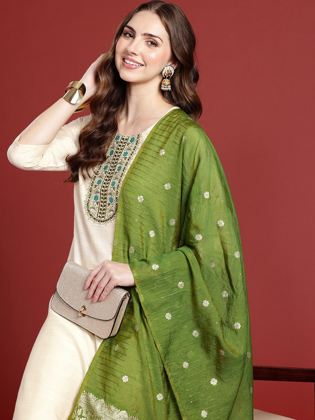 

Anouk Ethnic Motifs Embroidered Kurta with Trousers & Dupatta, Beige