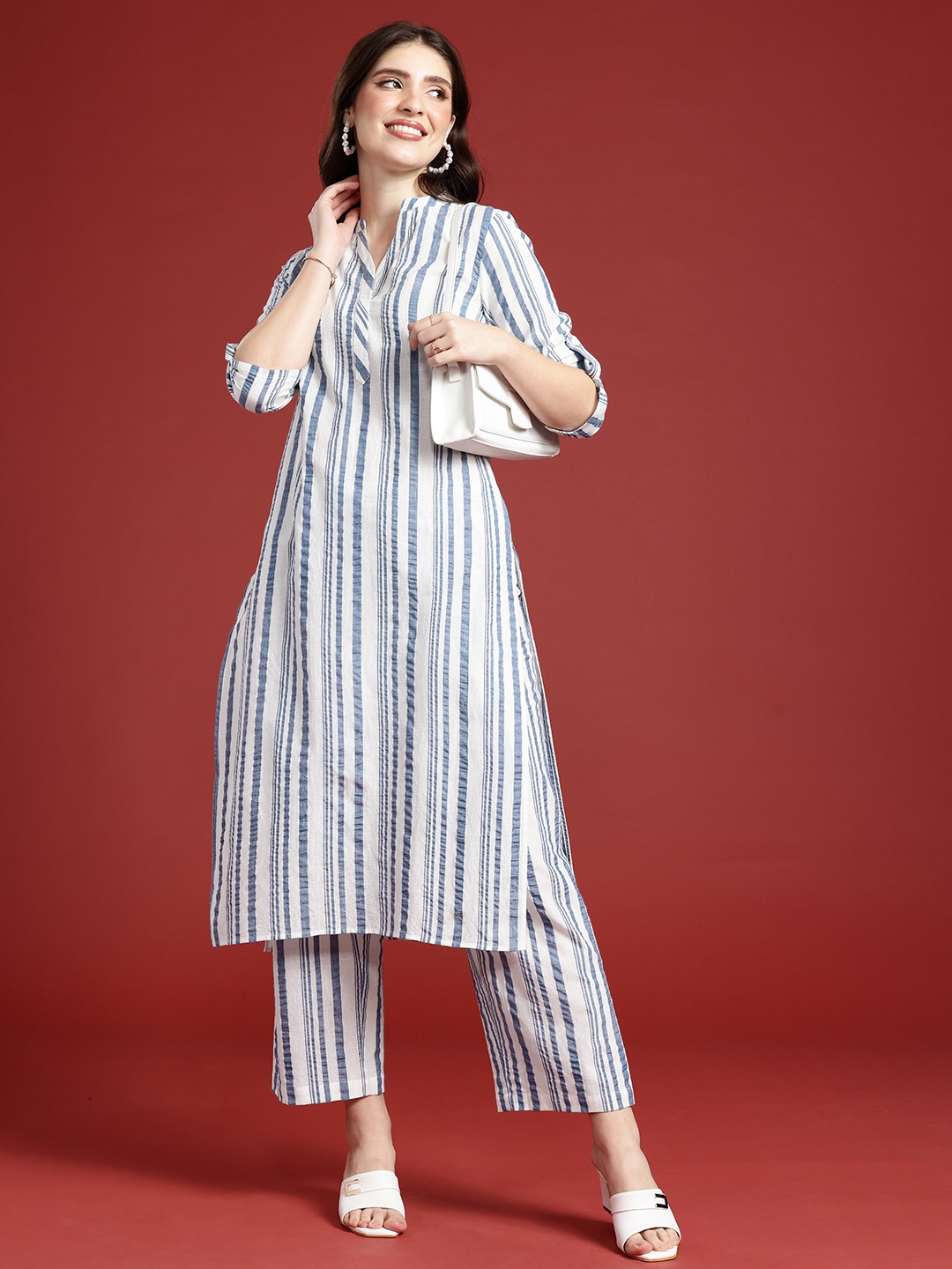 

Anouk Striped Pure Cotton Kurta with Palazzos, White