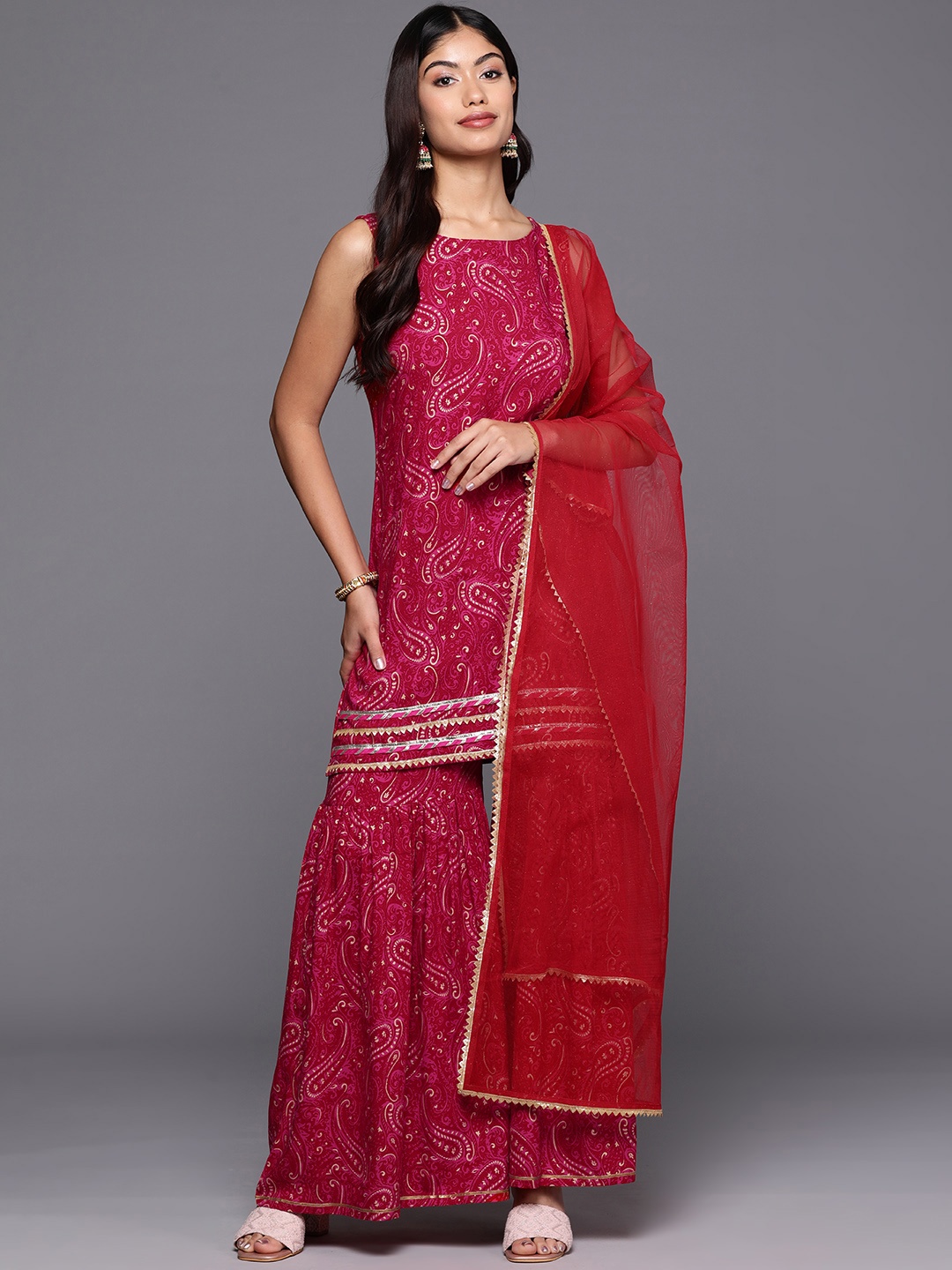 

Ahalyaa Women Paisley Printed Regular Gotta Patti Kurti with Sharara & Dupatta, Pink