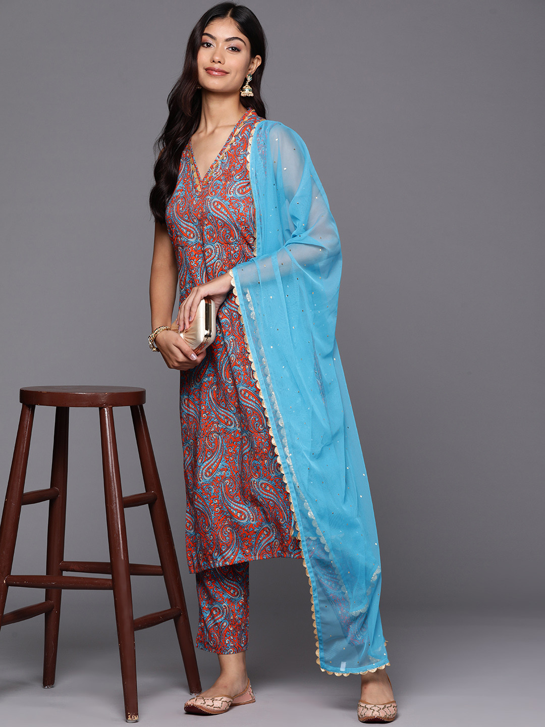 

Ahalyaa Women Ethnic Motifs Printed Regular Gotta Patti Kurta with Trousers & Dupatta, Blue