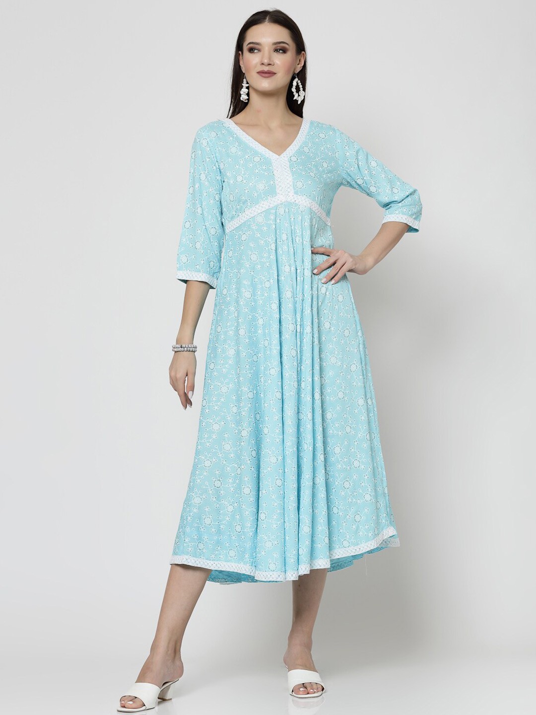 

SkyaSia Floral Printed V-Neck Empire Midi Dress, Blue