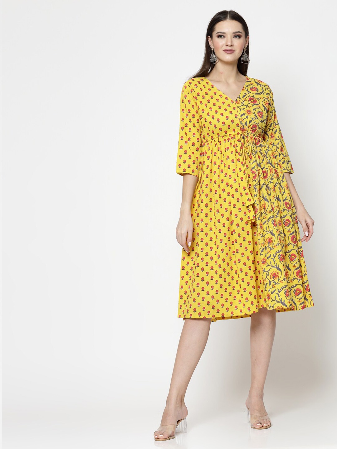 

SkyaSia Ethnic Motifs Printed V-Neck Empire Dress, Mustard