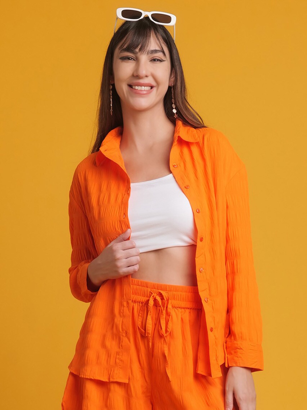 

Freehand by The Indian Garage Co Orange Vertical Stripes Spread Collar Oversized Casual Shirt