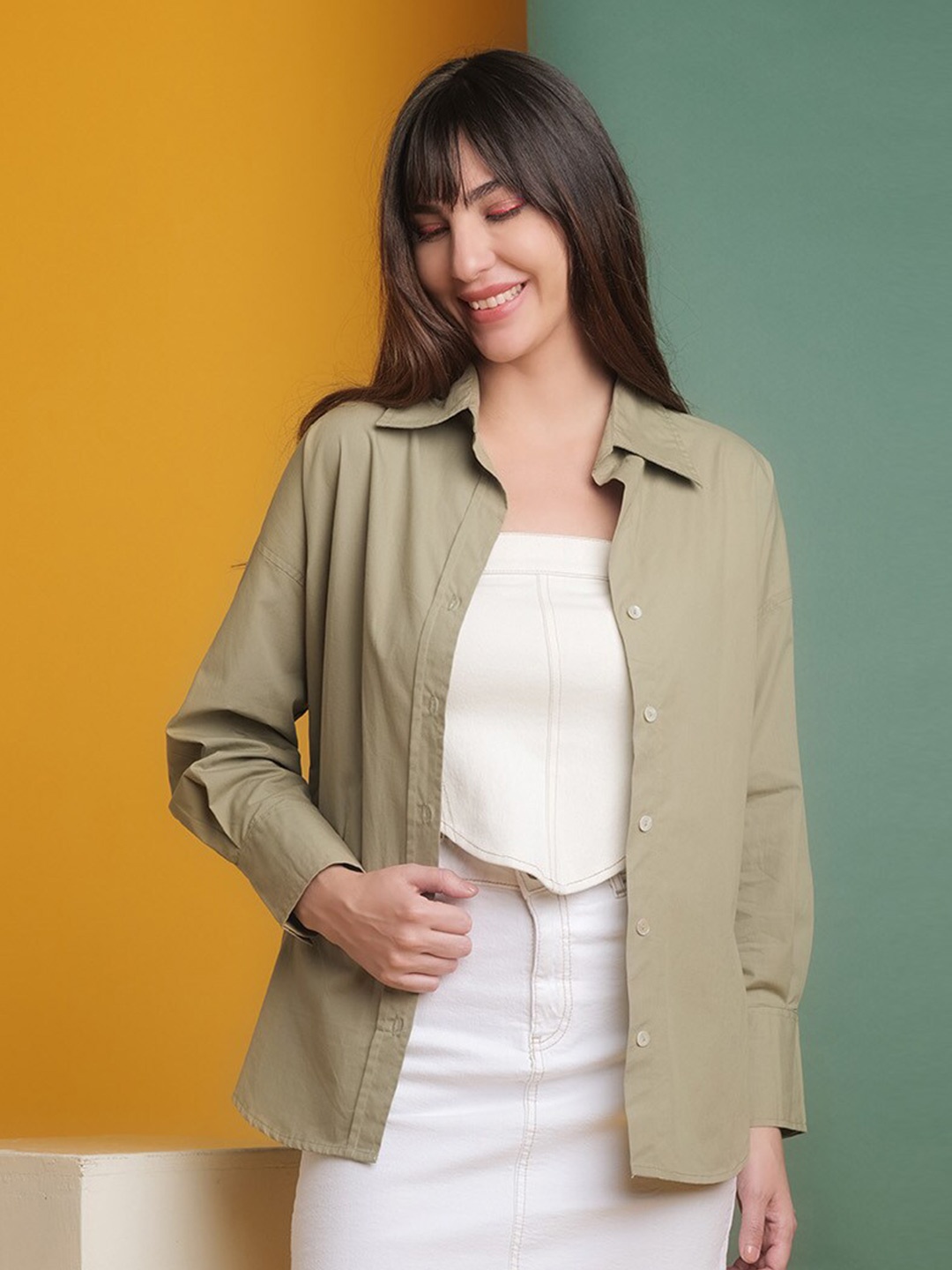 

Freehand by The Indian Garage Co Oversized Spread Collar Casual Cotton Shirt, Green