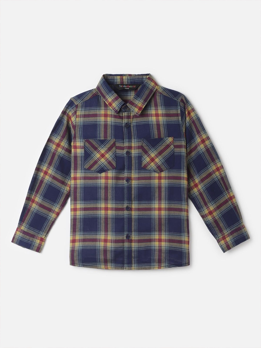 

UrbanMark Boys Tartan Checks Spread Collar Cotton Casual Shirt, Navy blue