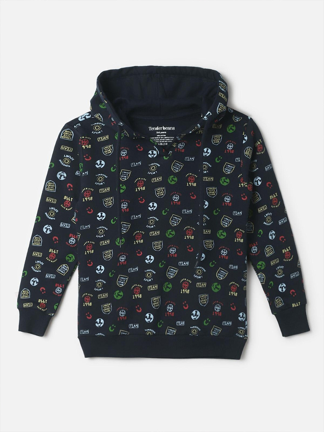 

UrbanMark Boys Graphic Printed Hooded Pure Cotton Sweatshirt, Navy blue