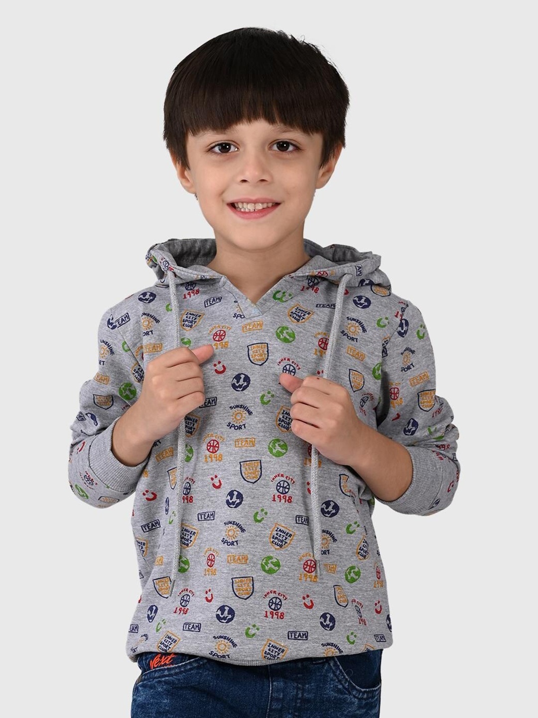 

UrbanMark Boys Conversational Printed Hooded Pullover Sweatshirt, Grey melange