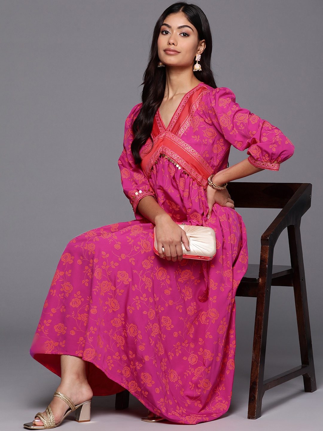 

Ahalyaa Floral Print Puff Sleeve A-Line Midi Dress, Pink
